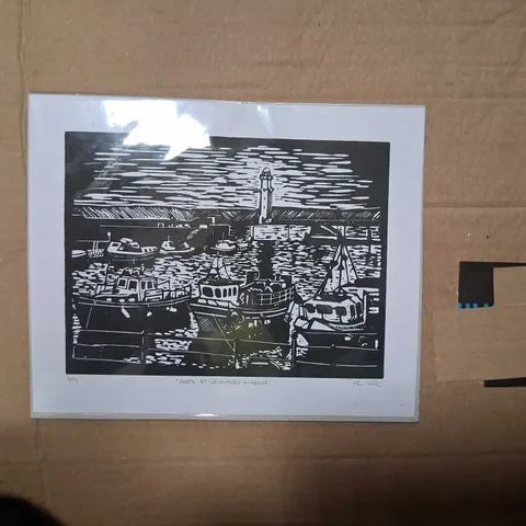 Boats at Newhaven Harbour – Linocut Print