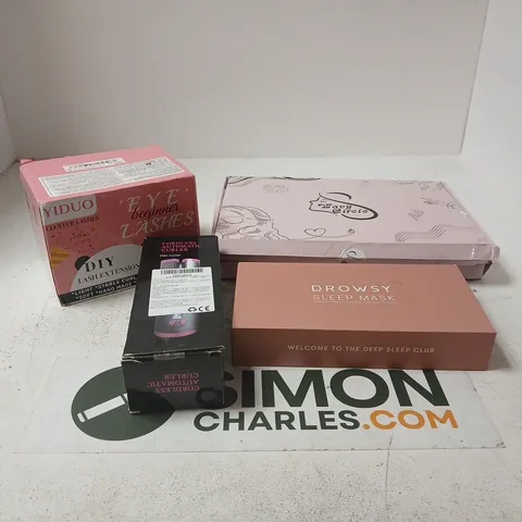 TOTE OF APPROXIMATELY 12 ASSORTED COSMETIC ITEMS TO INCLUDE YIDUO DIY LASH EXTENSION KIT, DROWSY SLEEP MASK, CORDLESS AUTOMATIC HAIR CURLER ETC