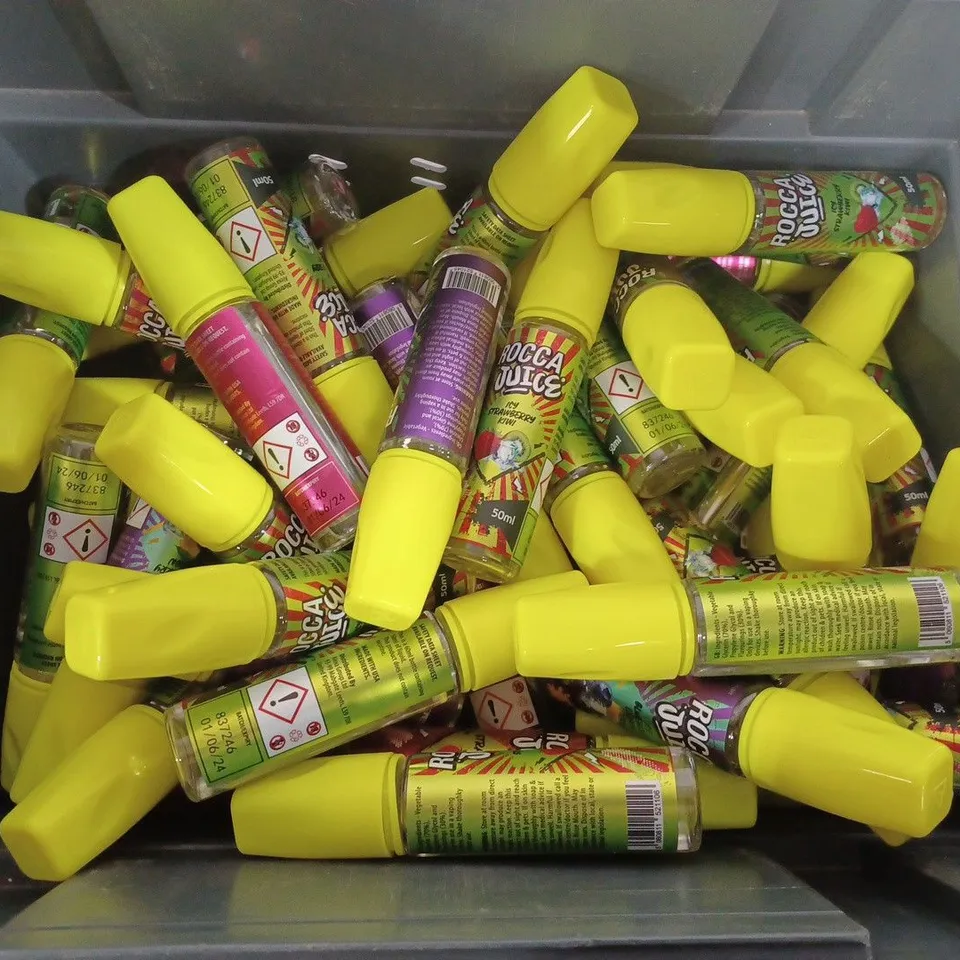 BOX OF APPROX 50 ROCCA JUICE VAPE LIQUID BOTTLES (50ML) IN DIFFERENT FLAVOURS TO INCLUDE - STRAWBERRY - ICY BLUEBERRY LEMON - ICY STRAWBERRY KIWI - COLLECTION ONLY