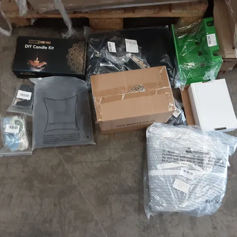 PALLET OF ASSORTED PRODUCTS TO INCLUDE MAGNETIC SCREEN DOOR, DIY CANDLE KIT, DEZENE PREMIUM THROW PILLOW CASE, EGG SEPARATORS, AROYI MOBILE PHONE CASE, HEX SHANK BOLT EXTRACTOR