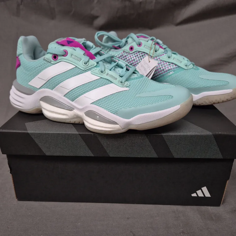 BOXED PAIR OF ADIDAS STABIL 16 WOMEN'S SHOES IN AQUA/PURPLE UK SIZE 5