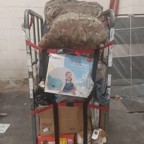 CAGE CONTAINING A LARGE QUANTITY OF ASSORTED ITEMS INCLUDING: KIDOOLA BABY WHALE TRAINING POTTY, LARGE RUG, CUSHIONS, CURTAINS, DINING CHAIR ECT // CAGE NOT INCLUDED