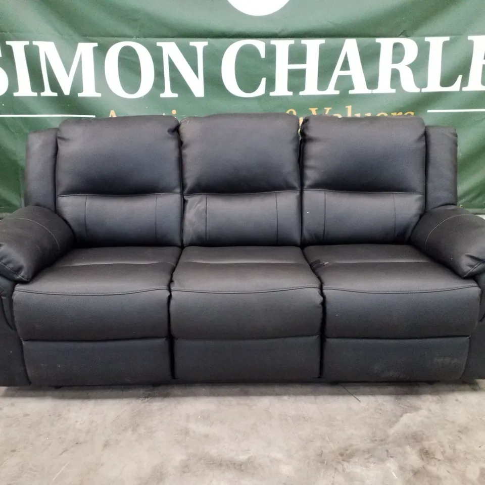 QUALITY DESIGNER 3 SEATER MANUAL RECLINER SOFA - BLACK FAUX LEATHER