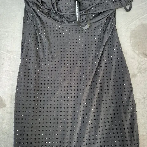 CLUBL LONDON LAST DANCE EMBELLISHED STRAPPY COWL NECK MINI DRESS IN BLACK SIZE UK 10