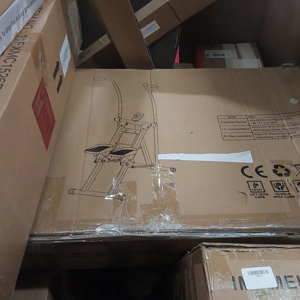 PALLET OF ASSORTED ITEMS INCLUDING: FHD 24" MONITOR, LED MEDICINE CABINET, STAIR STEPPER, AIRCOOLER, REVERSE OSMOSIS WATER FILTRATION SYSTEM ECT