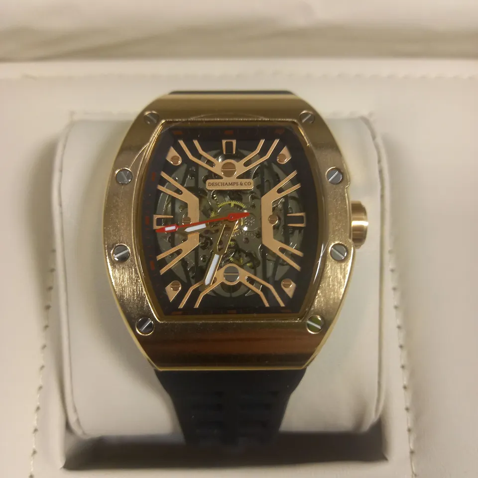 DESCHAMPS & CO STAINLESS STEEL SKELETON DIAL GENTS WATCH WITH AUTOMATIC MOVEMENT AND RUBBER STRAP IN WOODEN GIFT BOX