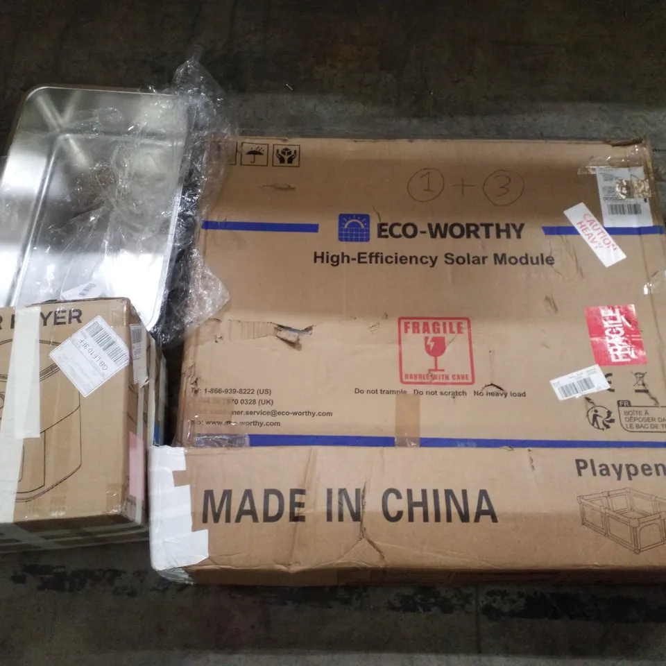 PALLET CONTAINING ASSORTED PRODUCTS INCLUDING PLAYPEN, HIGH-EFFICIENCY SOLAR MODULE, AIR FRYER, CAR LITTER TRAY