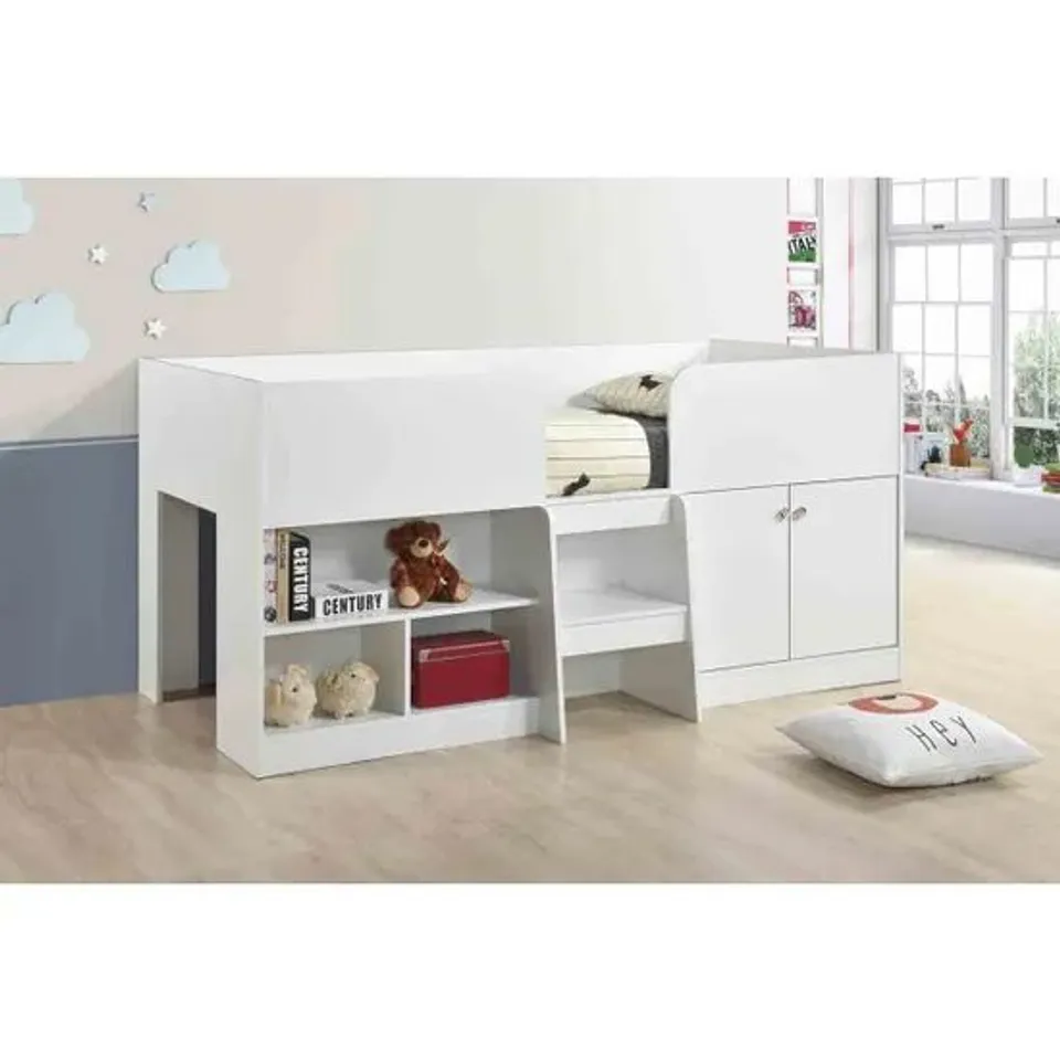 BOXED SWISH FURNITURE NOVA WHITE LOW SLEEPER CHILDREN'S BED FRAME WITH SHELVES (3 BOXES)