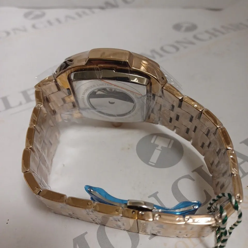 BOXED GAMAGES OF LONDON MAGNITUDE ROSE GOLD BLUE DIAL LINK STRAP WATCH 