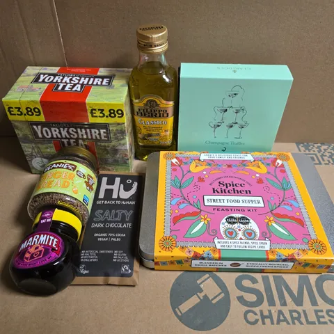APPROXIMATELY 10 ASSORTED FOOD ITEMS TO INCLUDE - YORKSHIRE TEA BAGS, TRUFFLED AND MARMITE 