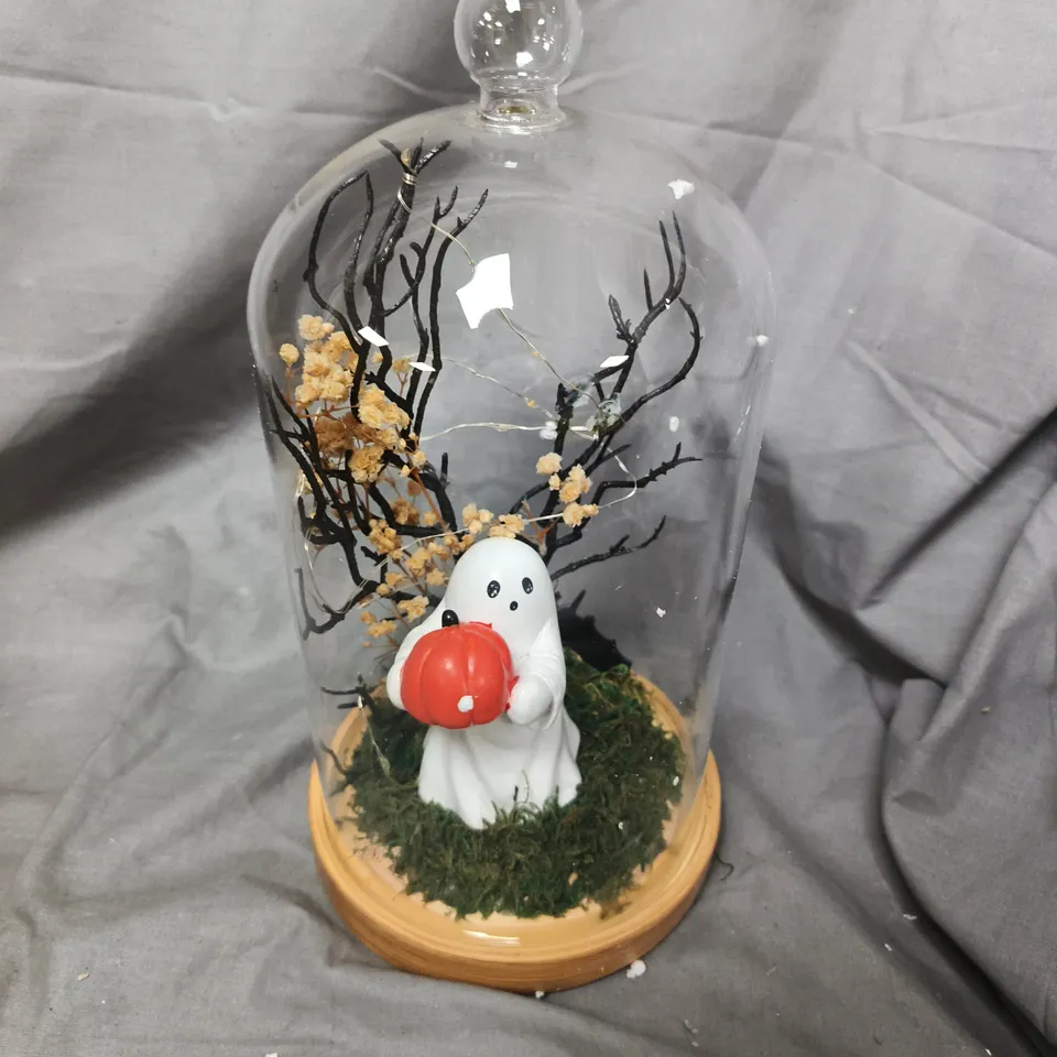 GLASS DOME HALLOWEEN DISPLAY - GHOST WITH PUMPKIN UNDER BELL JAR