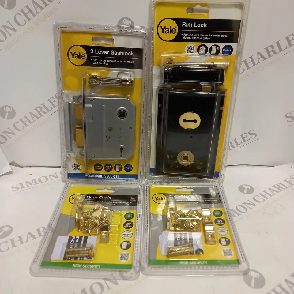 4 SEALED YALE HOME SECURITY PRODUCTS TO INCLUDE RIM LOCK, DOOR CHAIN, AND 3 LEVER SASHLOCK  