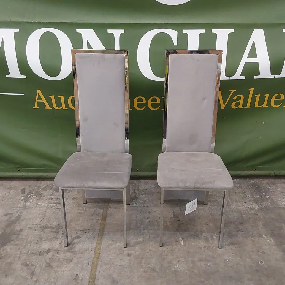 SET OF 2 CELESTE GREY VELVET AND CHROME DINING CHAIRS