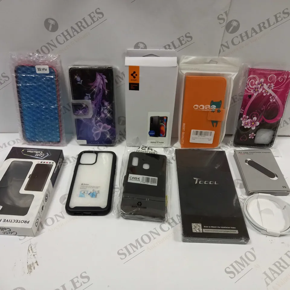 BOX TO CONTAIN APPROX. 25 X ASSORTED PHONE ACCESSORIES. INCLUDES PHONE CASES, CHARGING CABLES, SCREEN PROTECTORS ETC 