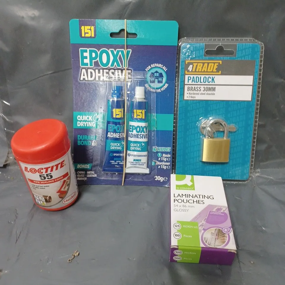 BOX OF APPROXIMATELY 15 ASSORTED HOUSEHOLD ITEMS TO PADLOCK, LAMINATING POUCHES AND EPOXY ADHESIVE