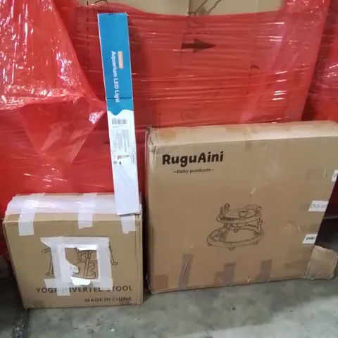 PALLET OF ASSORTED HOUSEHOLD GOODS AND PRODUCTS TO INCLUDE;YOGA INVERTED STOOL,AQUARIUM LIGHT,BABY WALKER