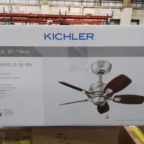 BOXED KICHLER CANFIELD 30" BRUSHED NICKEL AND WALNUT FINISH CEILING FAN LIGHT