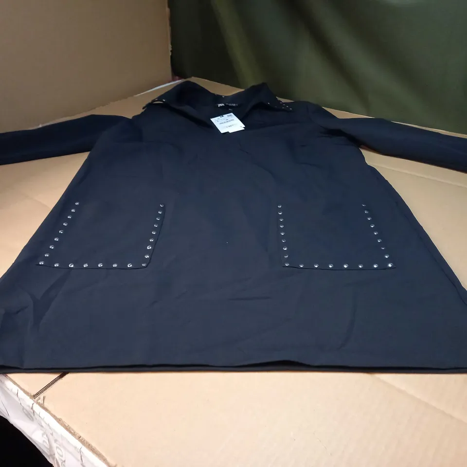 ZARA BLACK/METAL STUD DETAILED POCKET SHIRT DRESS - LARGE