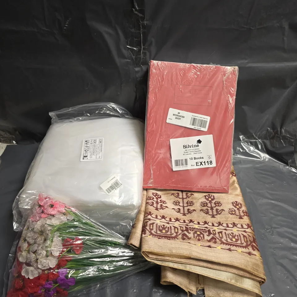 BOX OF APPROXIMATELY 10 ASSORTED HOUSEHOLD ITEMS TO INCLUDE - PLAIN EXERCISE BOOKS - DECORATIVE FABRIC - DECORATIVE FLOWERS - ETC