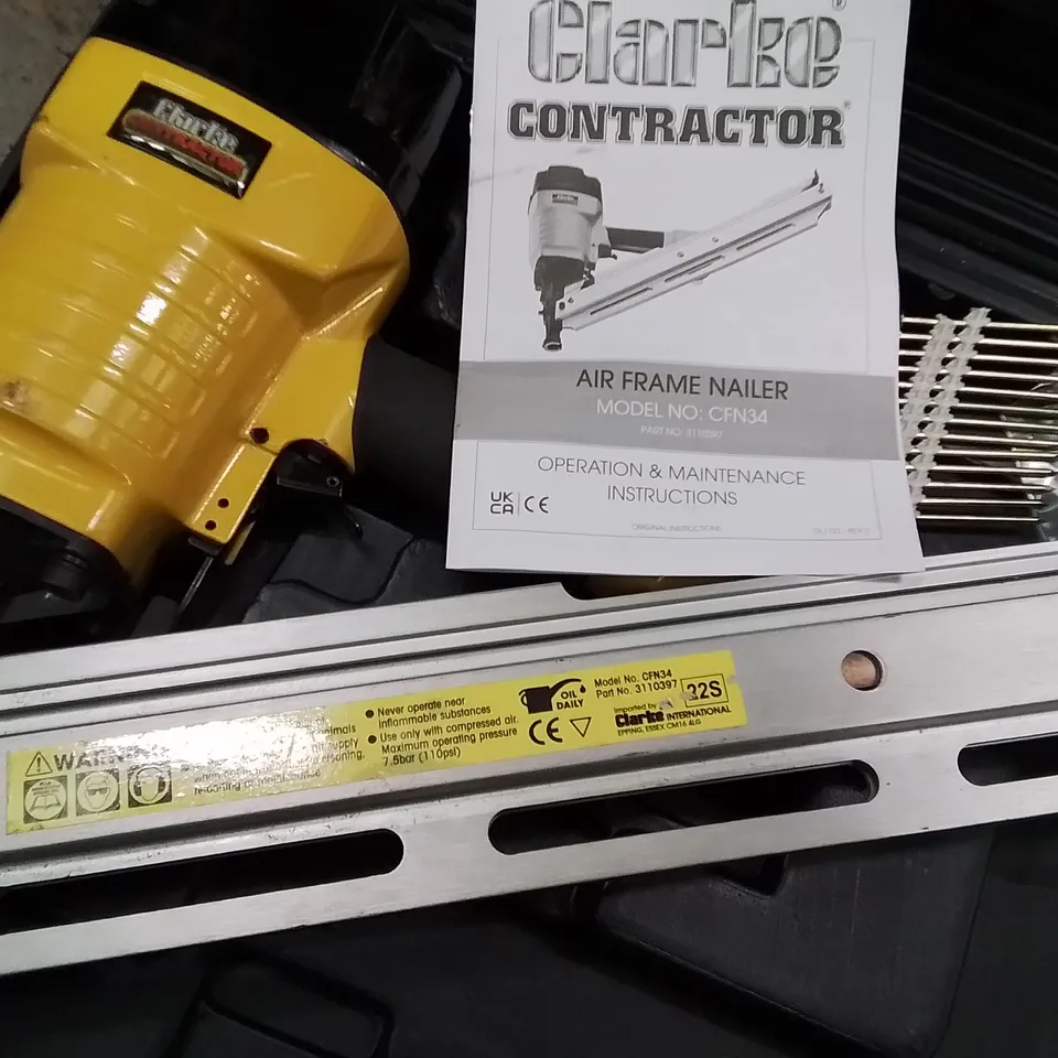 CLARKE CONTRACTOR AIR FRAME NAILER CFN34 WITH LONG FRAMING RAIL – IN CASE