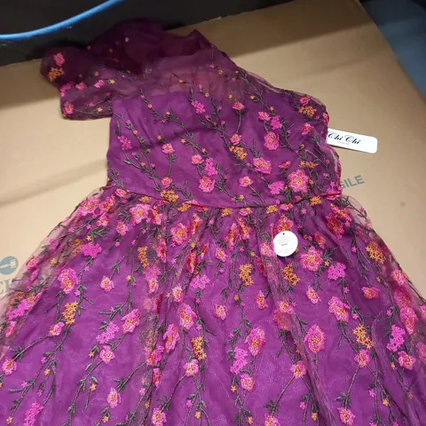CHI CHI LONDON ONE SHOULDER EMBROIDERED PURPLE MINI DRESS - SIZE 14