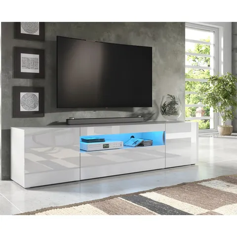BOXED CALENDRA WHITE TV STAND FOR TVs UP TO 75" WITH BLUE LED LIGHTS (2 BOXES)