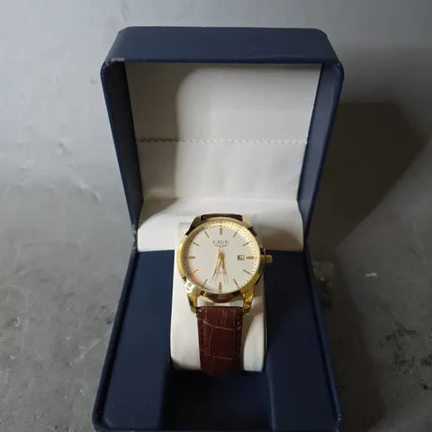LIGE WHITE DIAL BROWN LEATHER STRAP WATCH 