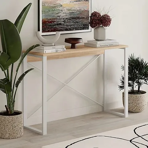 BOXED DECORTIE MODERN ARCHIE CONSOLE TABLE OAK 110CM NARROW ENTRYWAY TABLE MODERN BEHIND SOFA TABLE HALLWAY WITH WHITE METAL LEGS (1BOX)