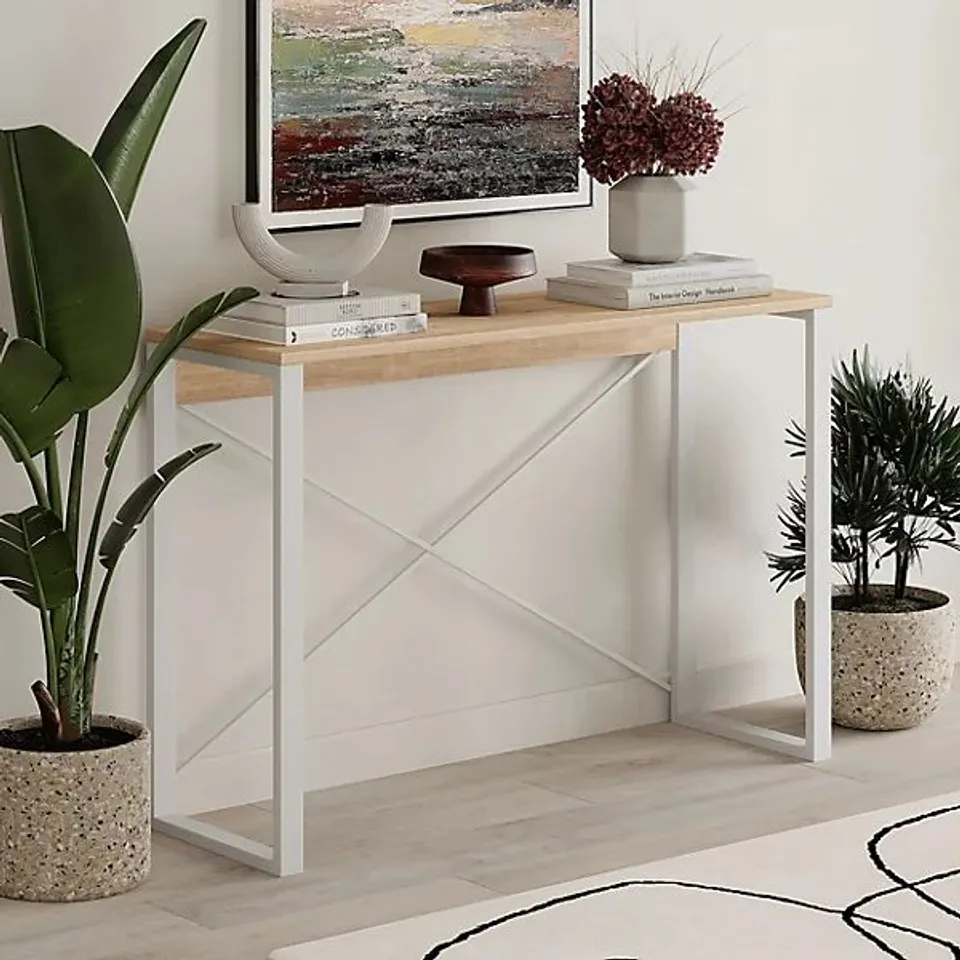 BOXED DECORTIE MODERN ARCHIE CONSOLE TABLE OAK 110CM NARROW ENTRYWAY TABLE MODERN BEHIND SOFA TABLE HALLWAY WITH WHITE METAL LEGS (1BOX)