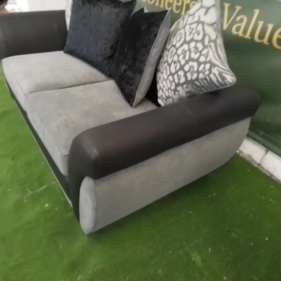 DESIGNER GREY FABRIC AND BLACK SUEDE EFFECT TWO SEATER SOFA WITH CHROME FEET