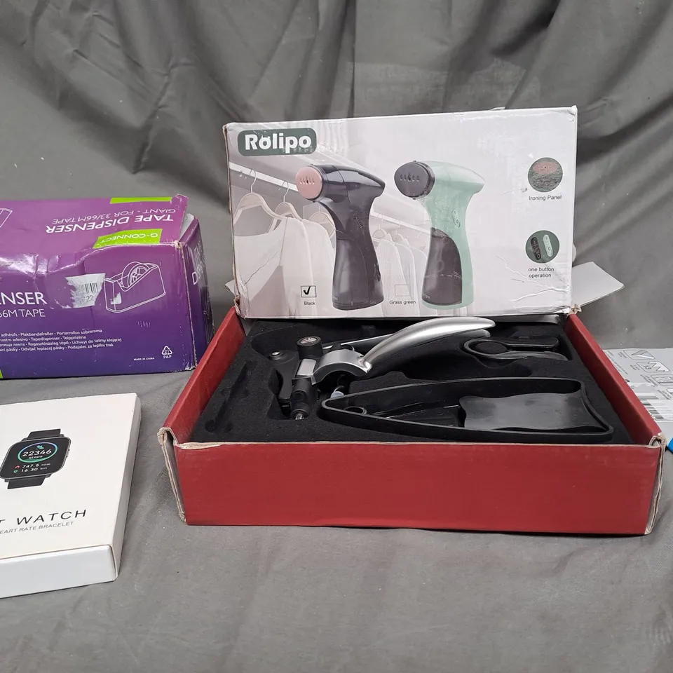 BOX OF APPROXIMATELY 15 ASSORTED ITEMS TO INCLUDE -SMART WATCH, TAPE DISPENSER, CORKSCREW SET ETC