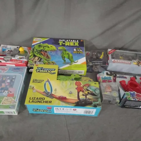 APPROXIMATELY 13 ASSORTED TOYS TO INCLUDE; TRANSFORMERS RESCUE BOTS, PEPPA PIG PICTUREKA, XTEME TRAX AND INFLATABLE T REX