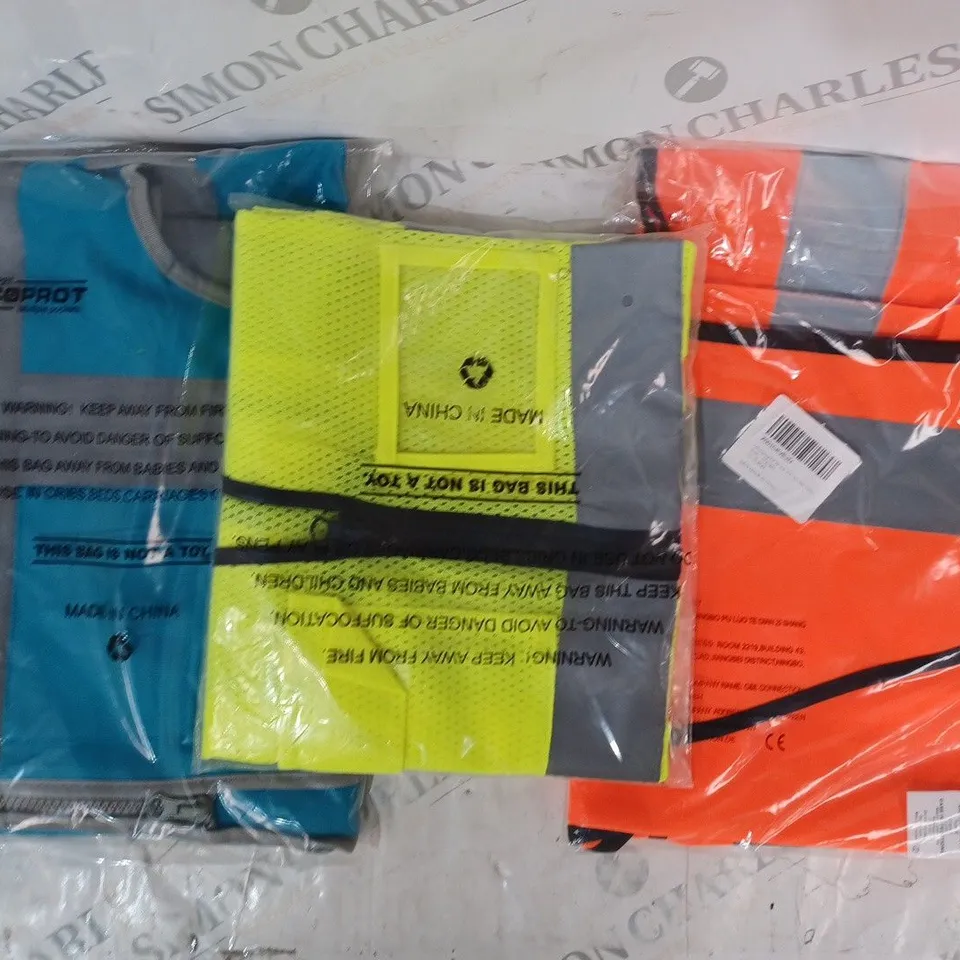 APPROXIMATELY 5 ASSORTED HI-VIS SAFETY VESTS IN VARIOUS COLOURS AND SIZES