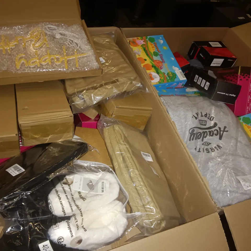 PALLET OF ASSORTED ITEMS TO INCLUDE LIGHT UP HAPPY BIRTHDAY SIGN, HDTV ANTENNA AND ATHLETIC EYEWEAR