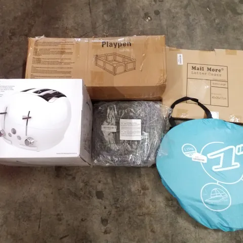 PALLET OF ASSORTED PRODUCTS INCLUDING PLAYPEN, LETTER CAGES, TOASTER, WREATH, POP UP TENT