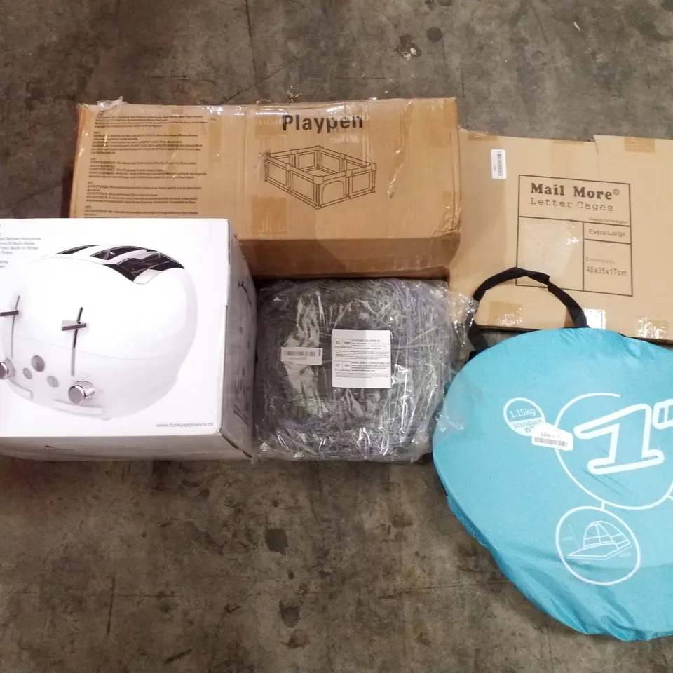 PALLET OF ASSORTED PRODUCTS INCLUDING PLAYPEN, LETTER CAGES, TOASTER, WREATH, POP UP TENT