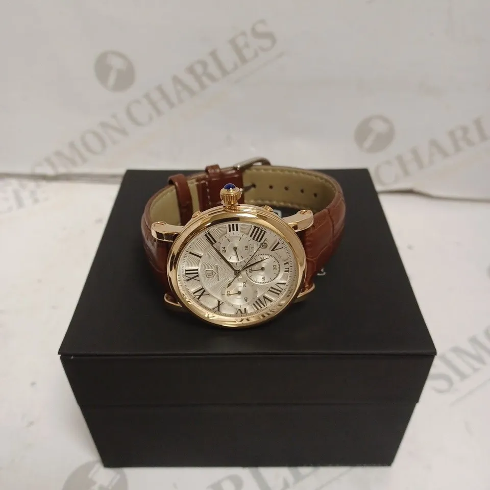 MENS LOUIS LACOMB WATCH WITH ROMAN NUMERALS  – SUB DIALS WITH DATE – STAINLESS STEEL FACE – LEATHER STRAP – 3ATM WATER RESISTANT 