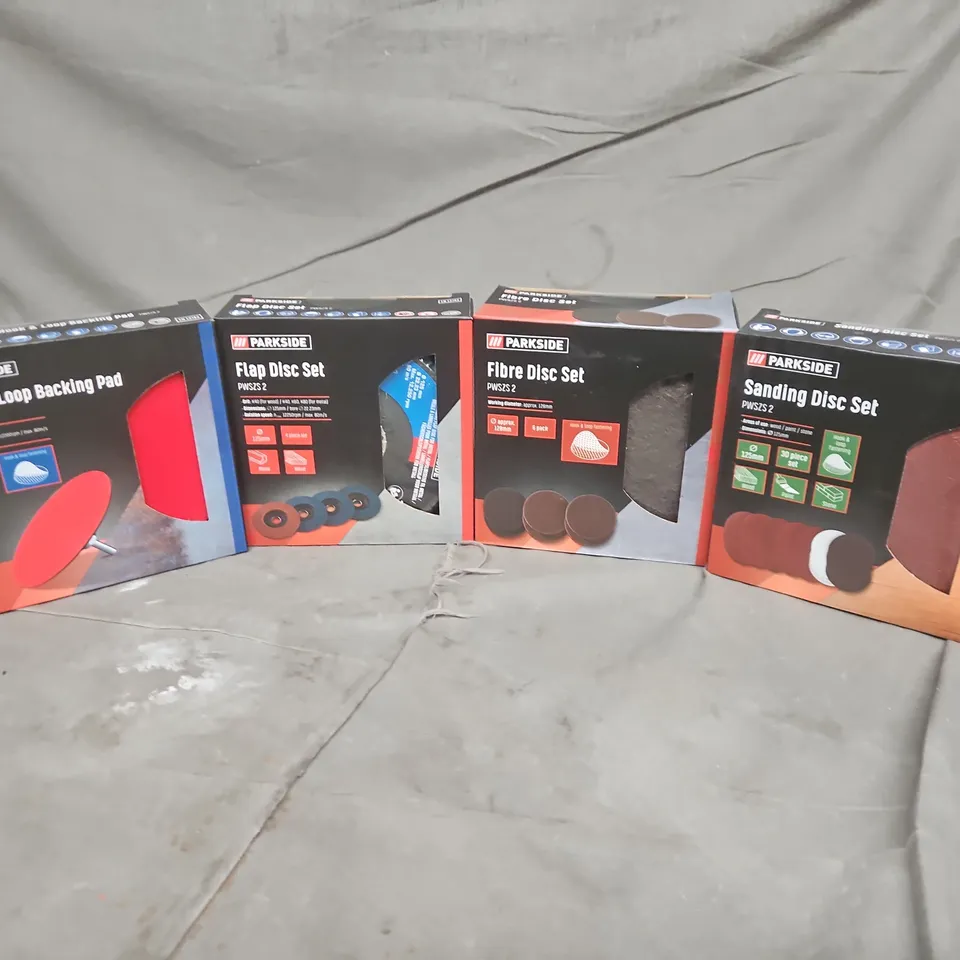 APPROXIMATELY 36 ASSORTED PARKSIDE PAD/DISC SETS TO INCLUDE SANDING DISC, HOOP & LOOP BACKING PAD, FLAP DISC SET, ETC