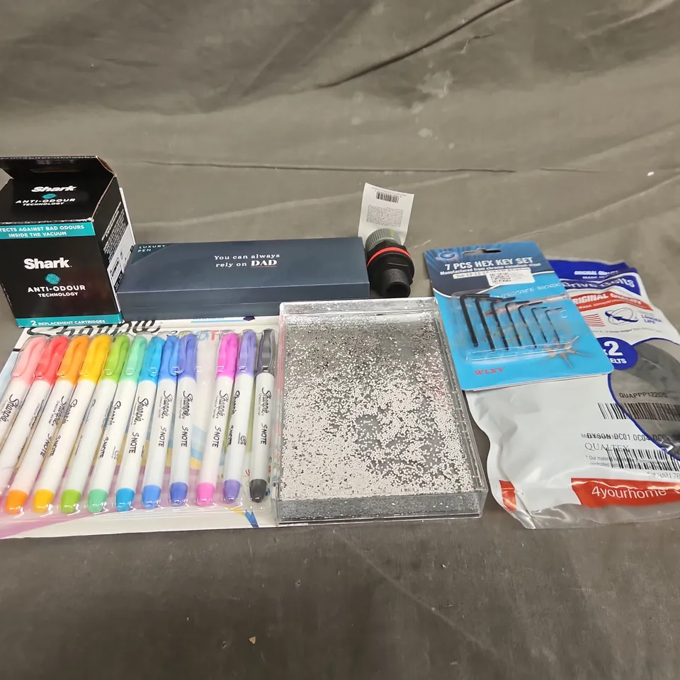 TOTE OF APPROXIMATELY 10 ASSORTED HOUSEHOLD ITEM TO INCLUDE SHARPIE PENS, HEX KEY SET AND VACUUM CLEANER DRIVE BELTS