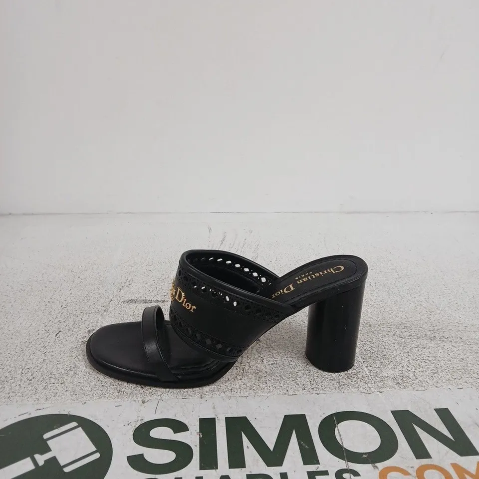 CHRISTIAN DIOR BLACK LEATHER SANDALS WITH PERFORATED STRAP AND GOLD LOGO, (EU 38.5)