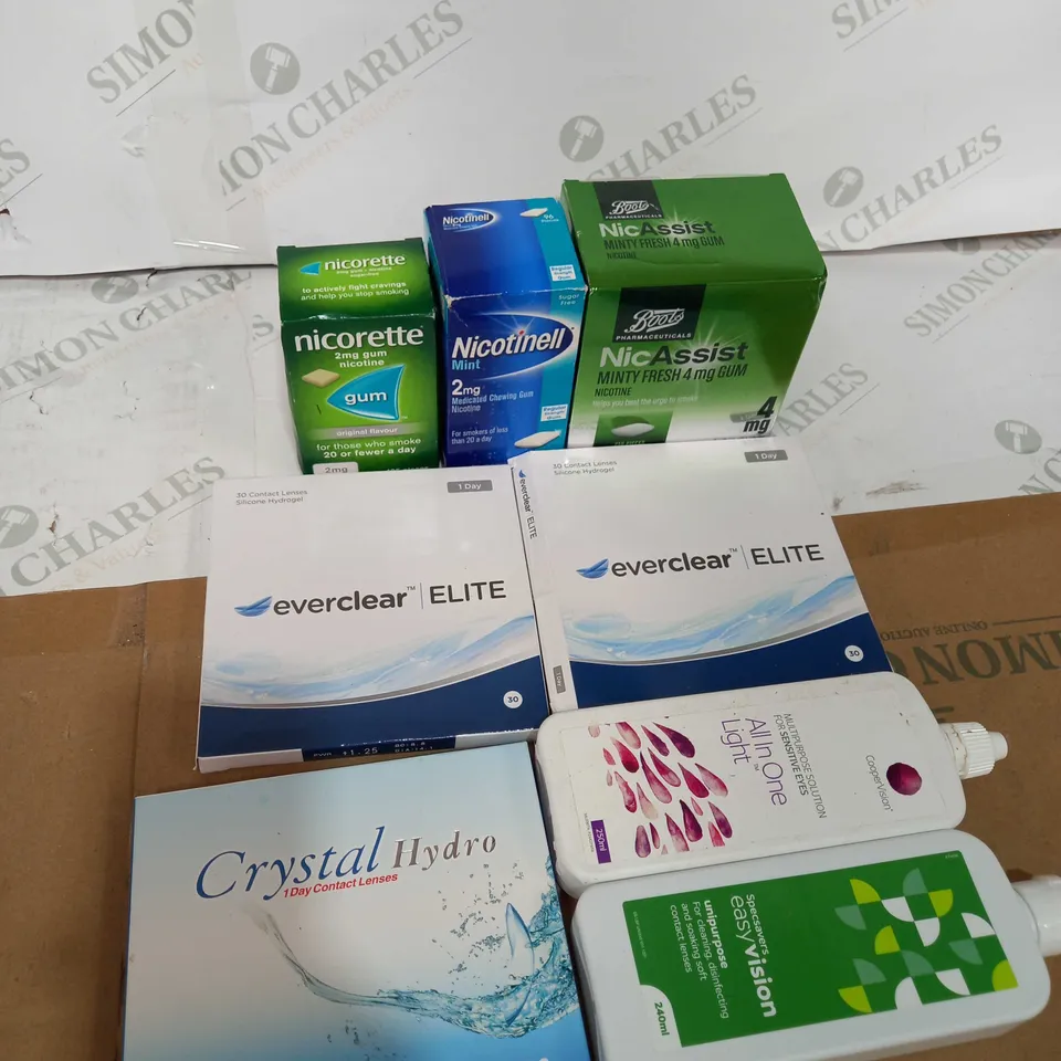 BOX OF ASSORTED MEDICAL APPLIANCES TOO INCLUDE NICORETTE PATCHES , EYE LENSES AND EYE DROPS 