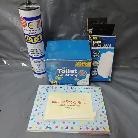 BOX OF APPROXIMATELY 15 ASSORTED HOUSEHOLD ITEMS TO INCLUDE TOILET GEL STAMPS, CLEAR SEALANT AND TEACHER'S STICKY NOTES