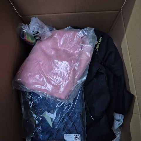 LARGE BOX OF ASSORTED CLOTHING ITEMS IN ASSORTED COLOUR, SIZES AND STYLES