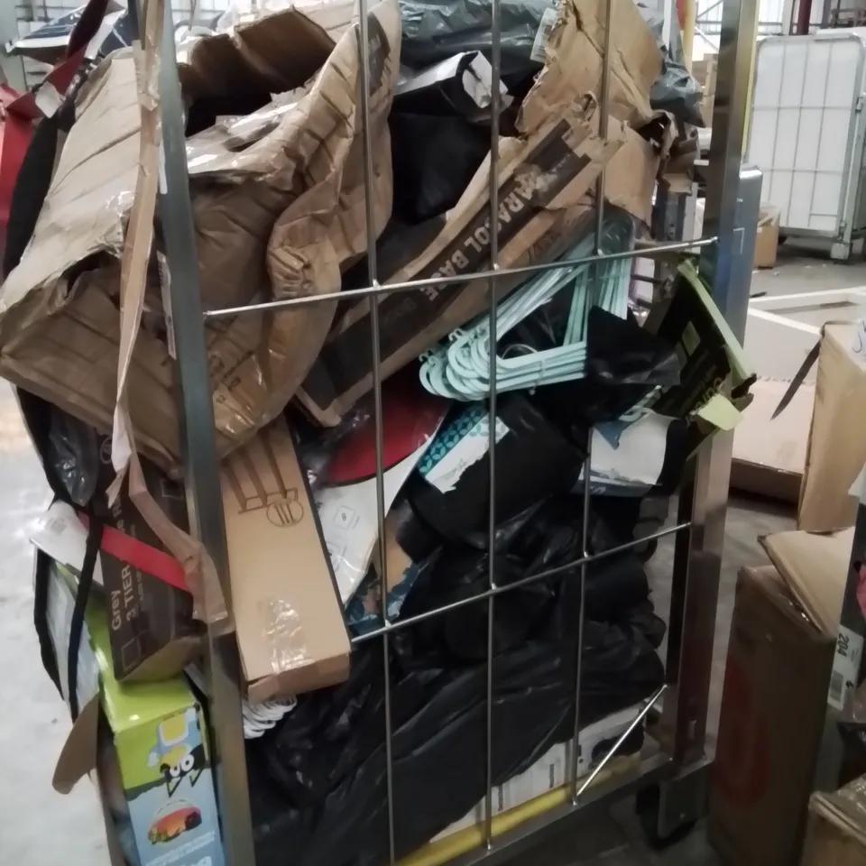 CAGE OF ASSORTED HOUSEHOLD GOODS AND PRODUCTS TO INCLUDE;COAT HANGERS,RETRACTABLE SAFETY GATE,NONSLIP BATH MAT,SHOERACK