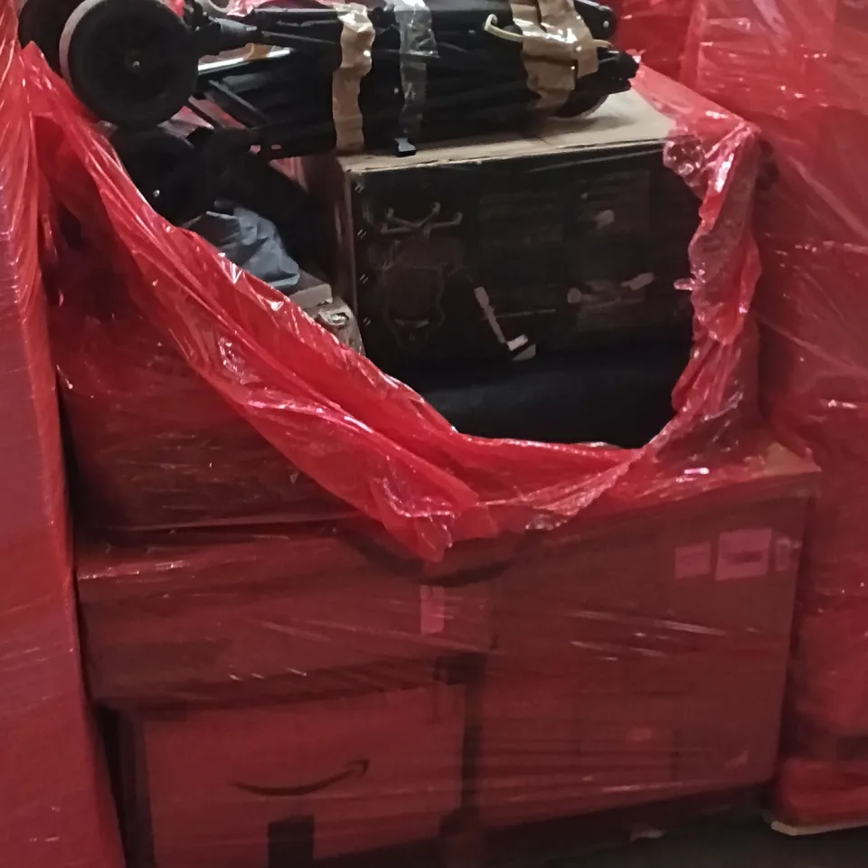 PALLET OF ASSORTED HOUSEHOLD GOODS AND PRODUCTS TO INCLUDE; BUGGY, GAMING CHAIR, BABY CAR SEAT, BOXED FURNITURE ETC