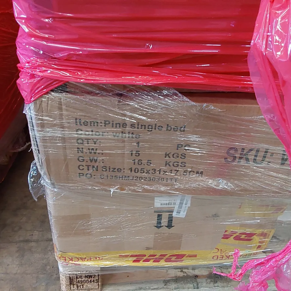 PALLET OF ASSORTED ITEMS INCLUDING: FOX AND GREY ACTIVE MEMORY 3FT MATTRESS, EXERCISE BIKE, PINE WHITE SINGLE BED