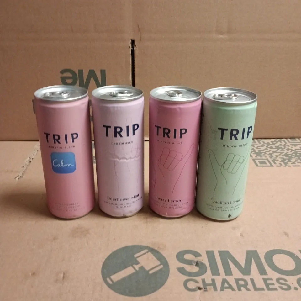 TOTE OF APPROXIMATELY 20 CANS OF TRIP DRINKS ASSORTED FLAVOURS TO INCLUDE SICILIAN LEMON, WILD STRAWBERRY AND ELDERFLOWER MINT 250ML PER CAN