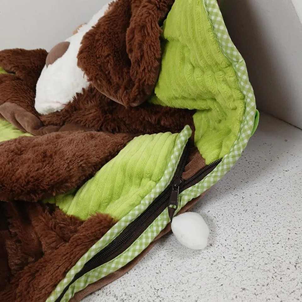 BROWN PLUSH DOG WITH LIME GREEN LINING - SOFT SLEEPING BAG