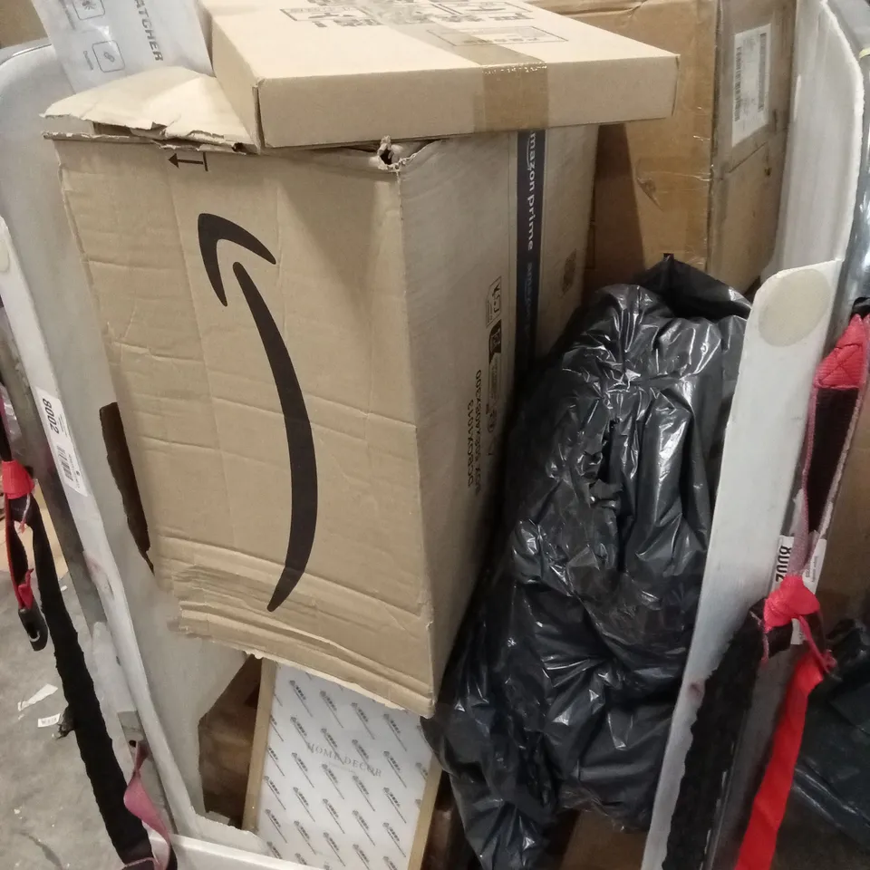 CAGE OF ASSORTED HOUSEHOLD GOODS AND PRODUCTS TO INCLUDE; LARGE FLOOR FAN, PHOTO FRAMES, DUMBBELLS ETC - CAGE NOT INCLUDED 
