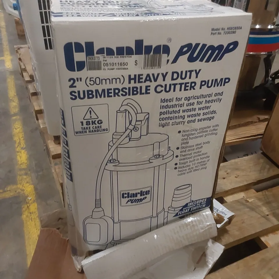 BOXED CLARKE HSEC650A 2" 665W 290LPM 9.5M HEAD INDUSTRIAL SUBMERSIBLE DIRTY WATER CUTTER PUMP WITH FLOAT SWITCH (230V)